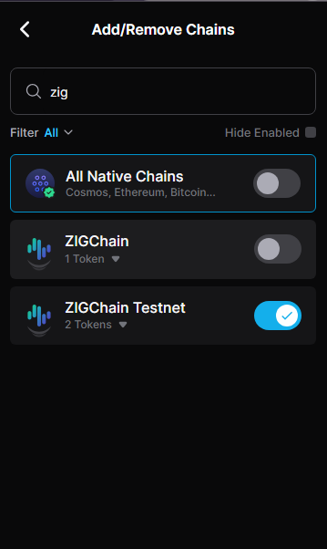Open Keplr menu to switch to ZIGChain Testnet