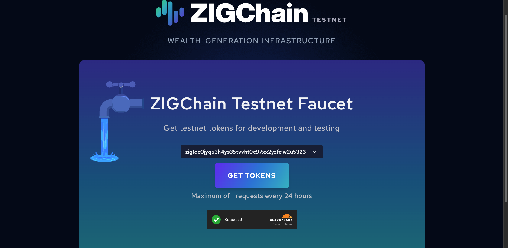 ZIGChain Faucet page for testnet wallet setup