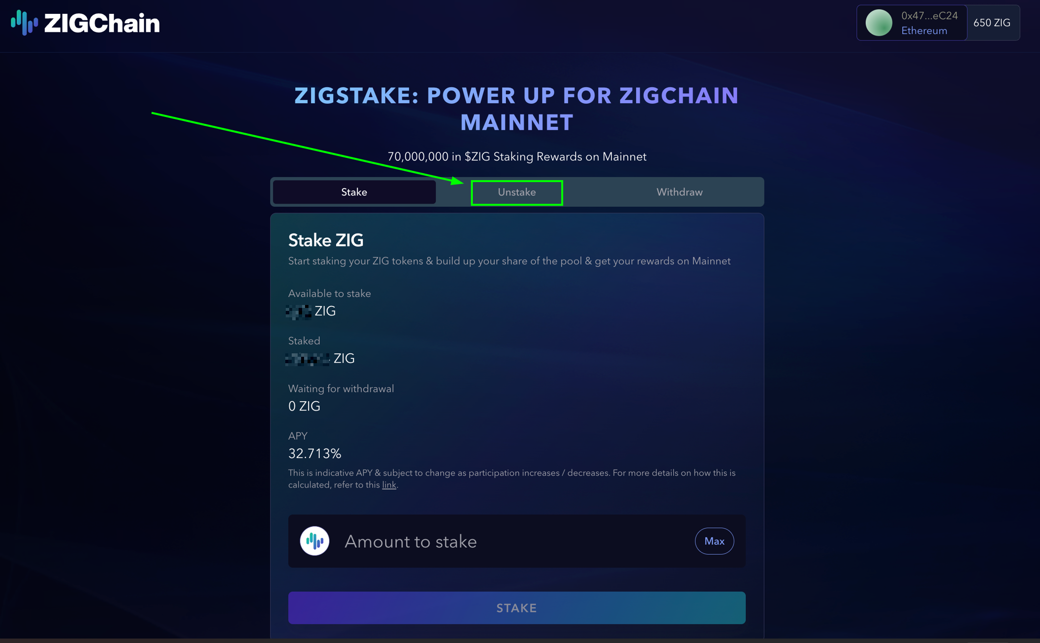Navigate to Unstake Tab